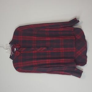 CABI #3587 Red Gray Cunningham Plaid Rayon Flannel Hidden Button Pullover Shirt